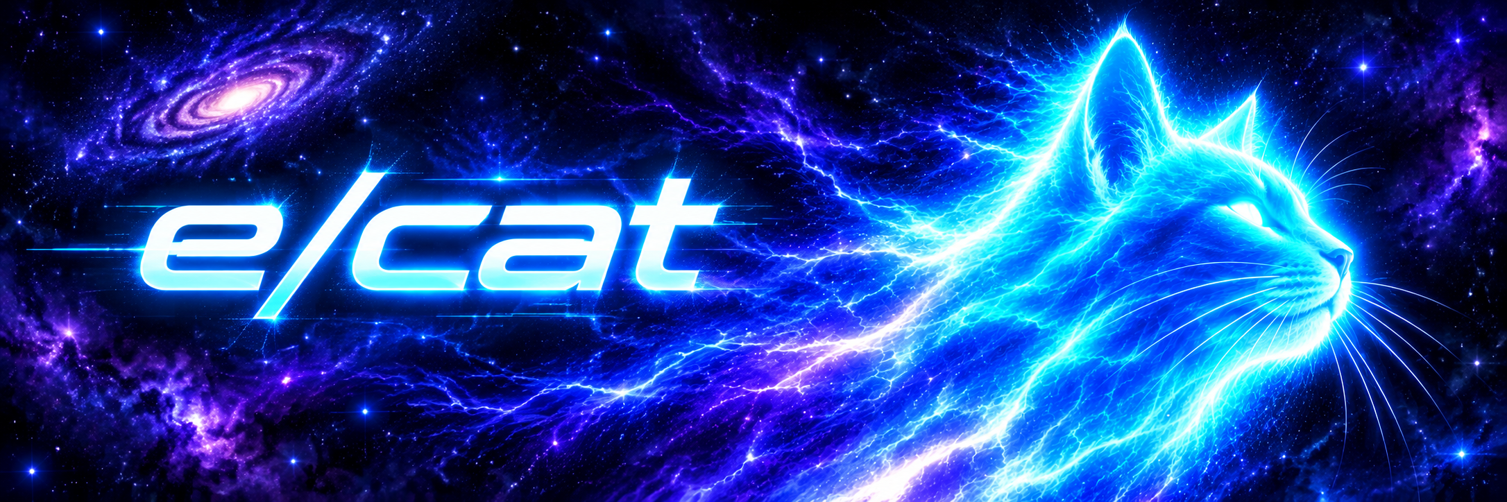 e/cat banner: the wordmark beside a lightning cat in a violet galaxy